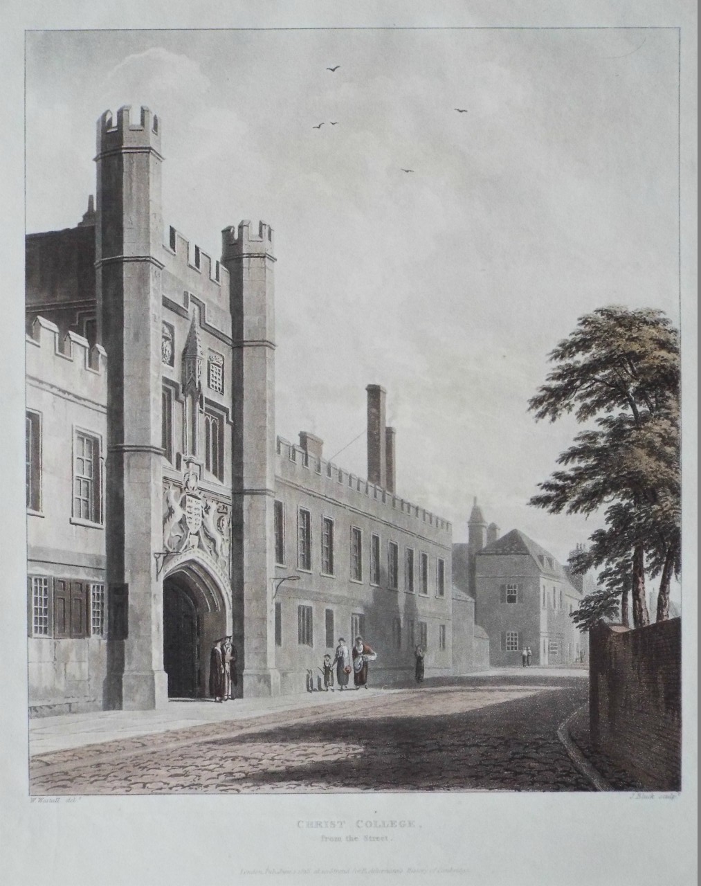 Aquatint - Christ College, from the Street. - Bluck